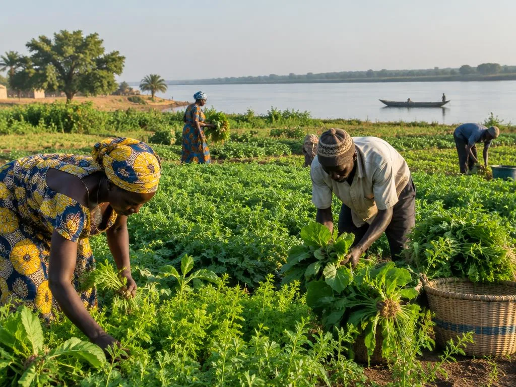 Maraîchers au travail au bord du fleuve